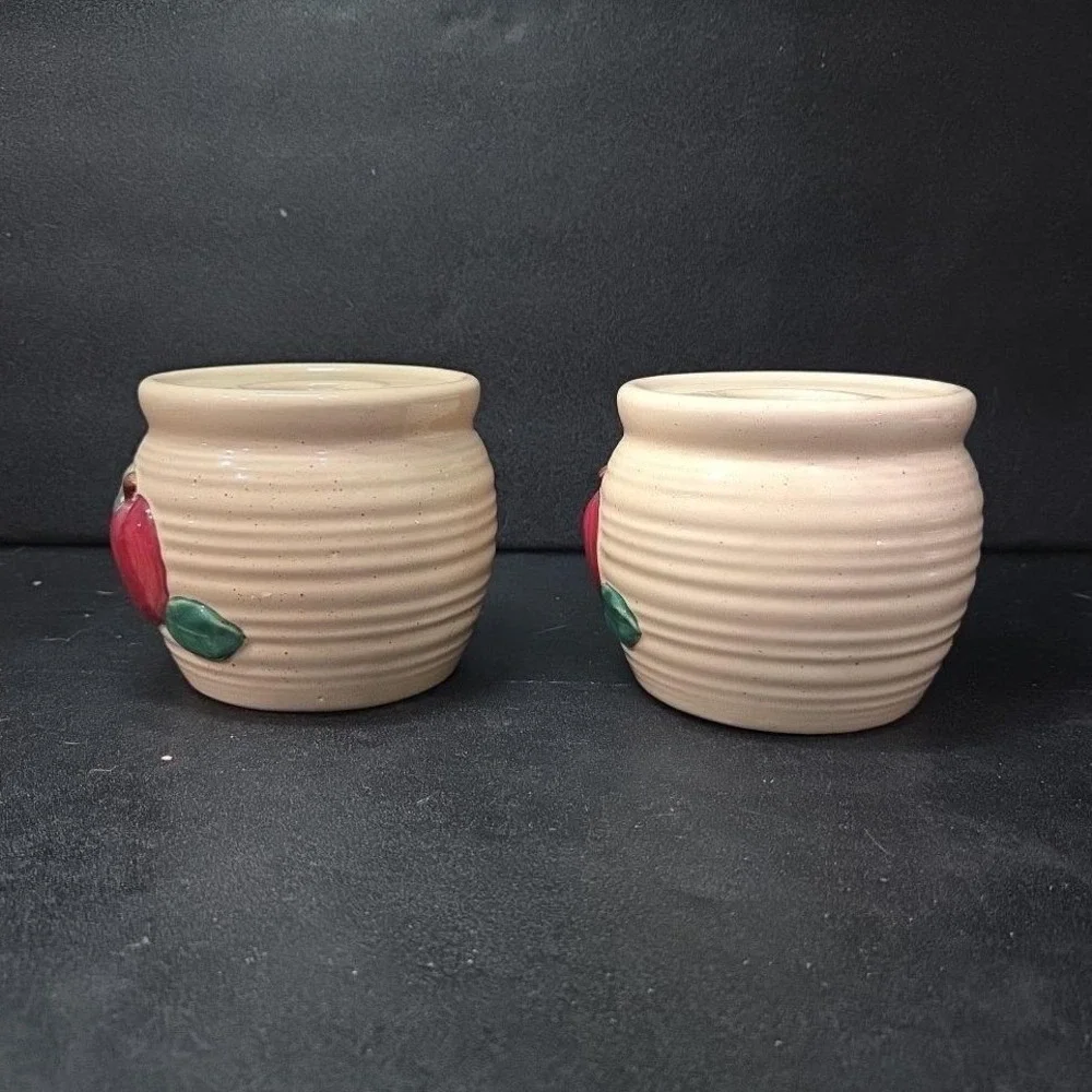 Ceramic Bright Red Apple Candleholders, Set of 2, Vintage Hand Painted Votives